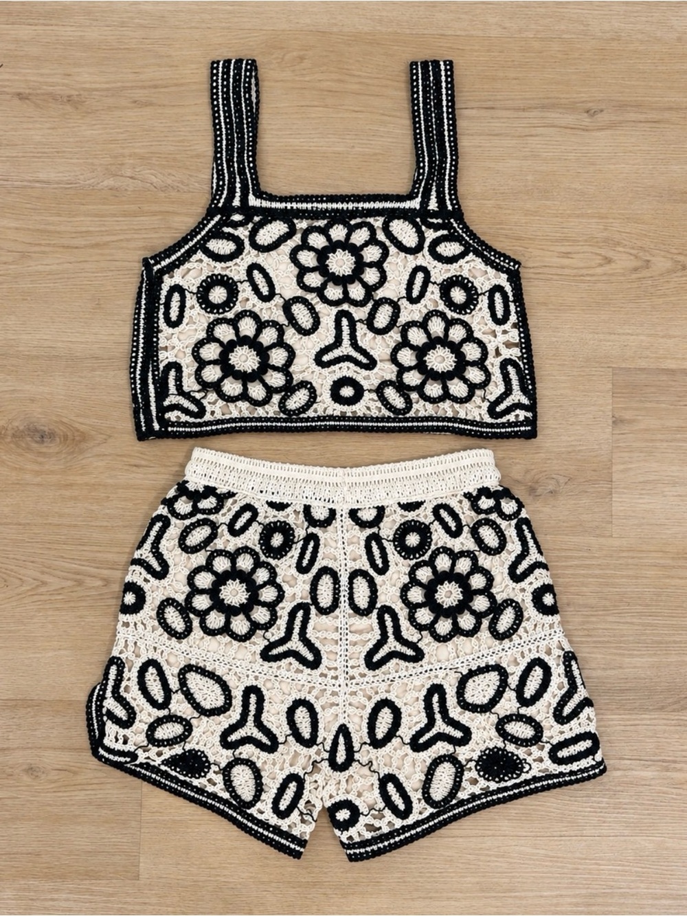 Rebellion Crochet Tank & Shorts Set in Cream and Black - Picture 2 of 3